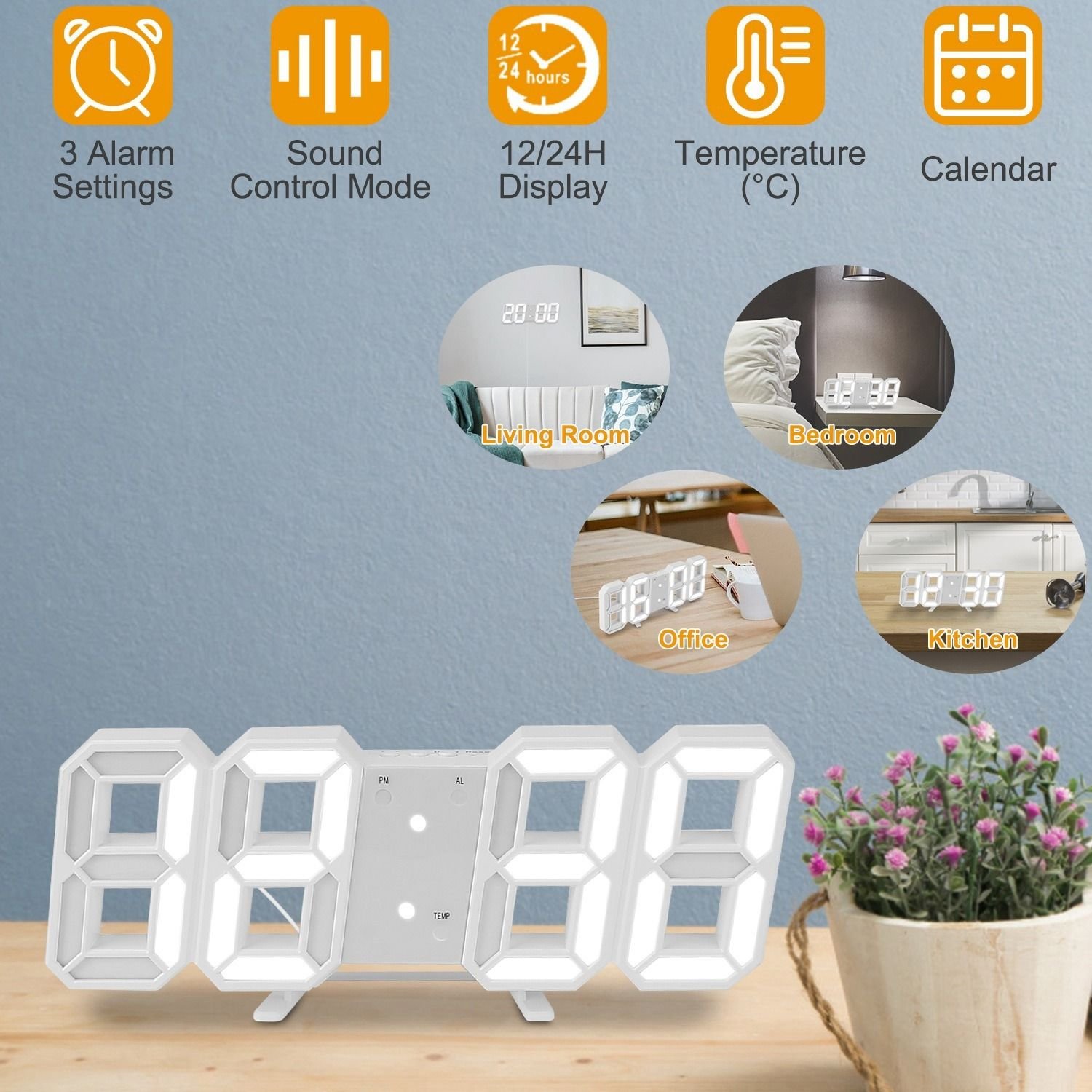 3D LED Digital Wall Clock Sound Control Table Desk Alarm Clock w/ 3 ...