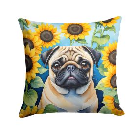 Pug in Sunflowers Throw Pillow Machine Washable, Indoor Outdoor Decorative Pillow for Couch, Bed or Patio, 14Hx14W